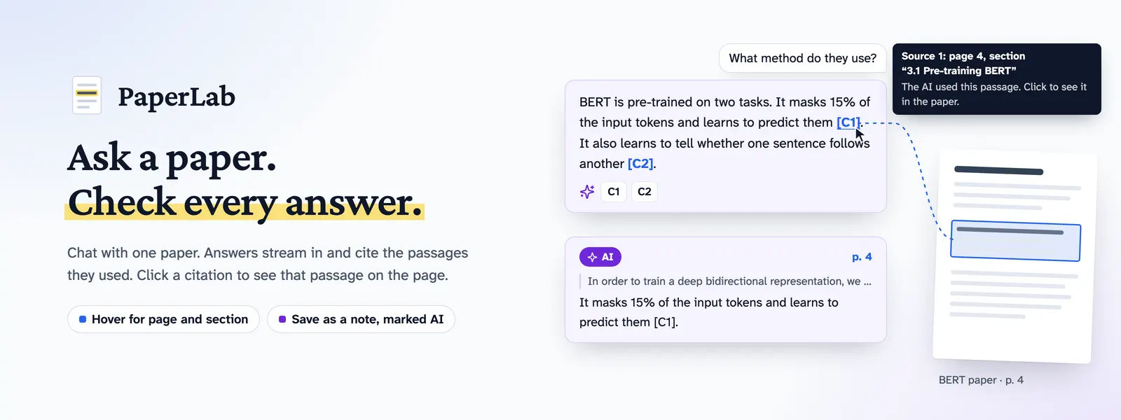 An AI answer citing [C1] and [C2]; hovering [C1] shows its page and section, and a line leads to that passage on the page.