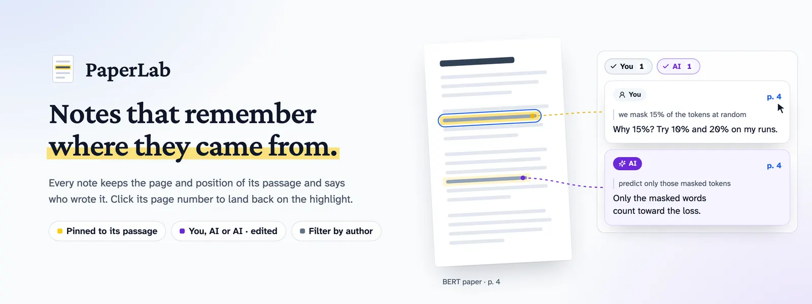 A page with two highlights, each linked to its note: one marked You and one marked AI, both on page 4, under You and AI filter chips.