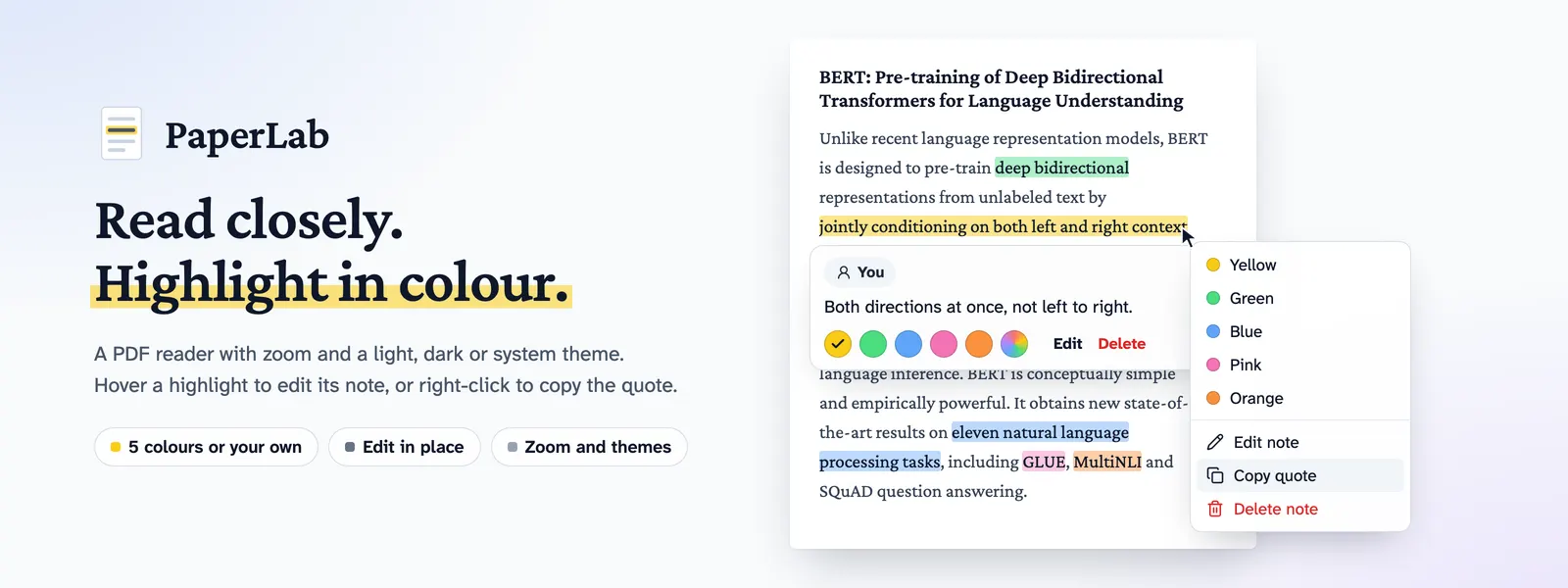 A page of the BERT paper highlighted in five colours, with the note card that opens when you hover a highlight.