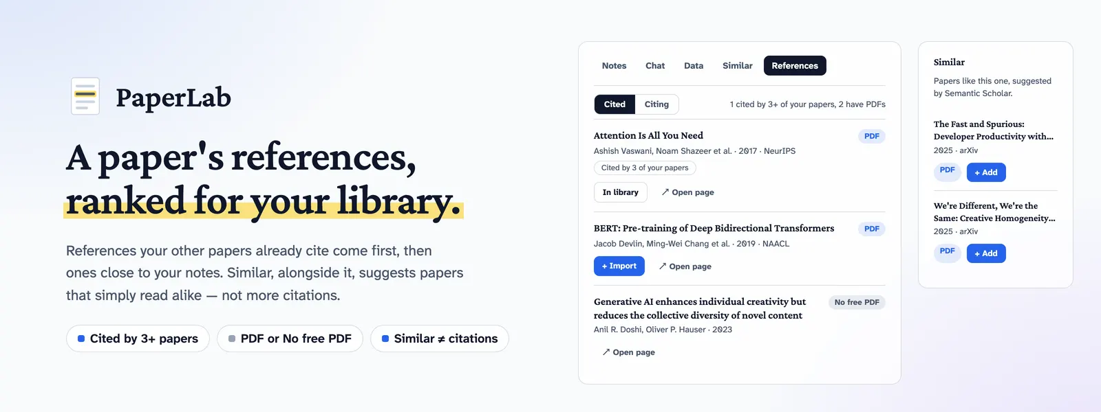A paper’s References tab ranked for your library, one reference marked In library and one offering Import, beside the Similar panel suggesting papers that read alike.