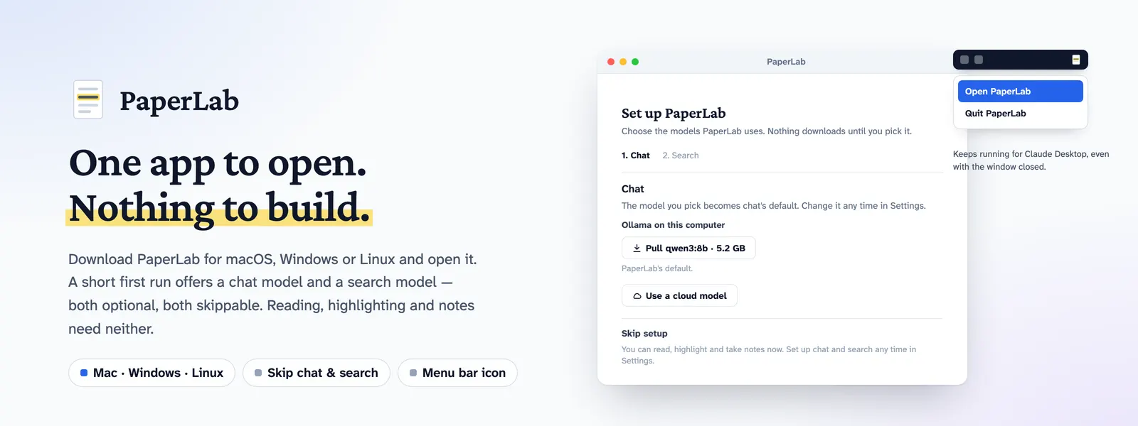 The PaperLab window showing the first-run setup offering a chat model with a Skip setup line, and the menu-bar icon with Open PaperLab and Quit PaperLab.
